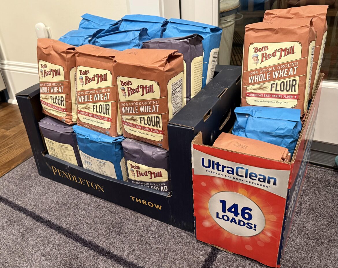 My wife misunderstood 30lb of flour on the shopping list as 30 bags of flour.