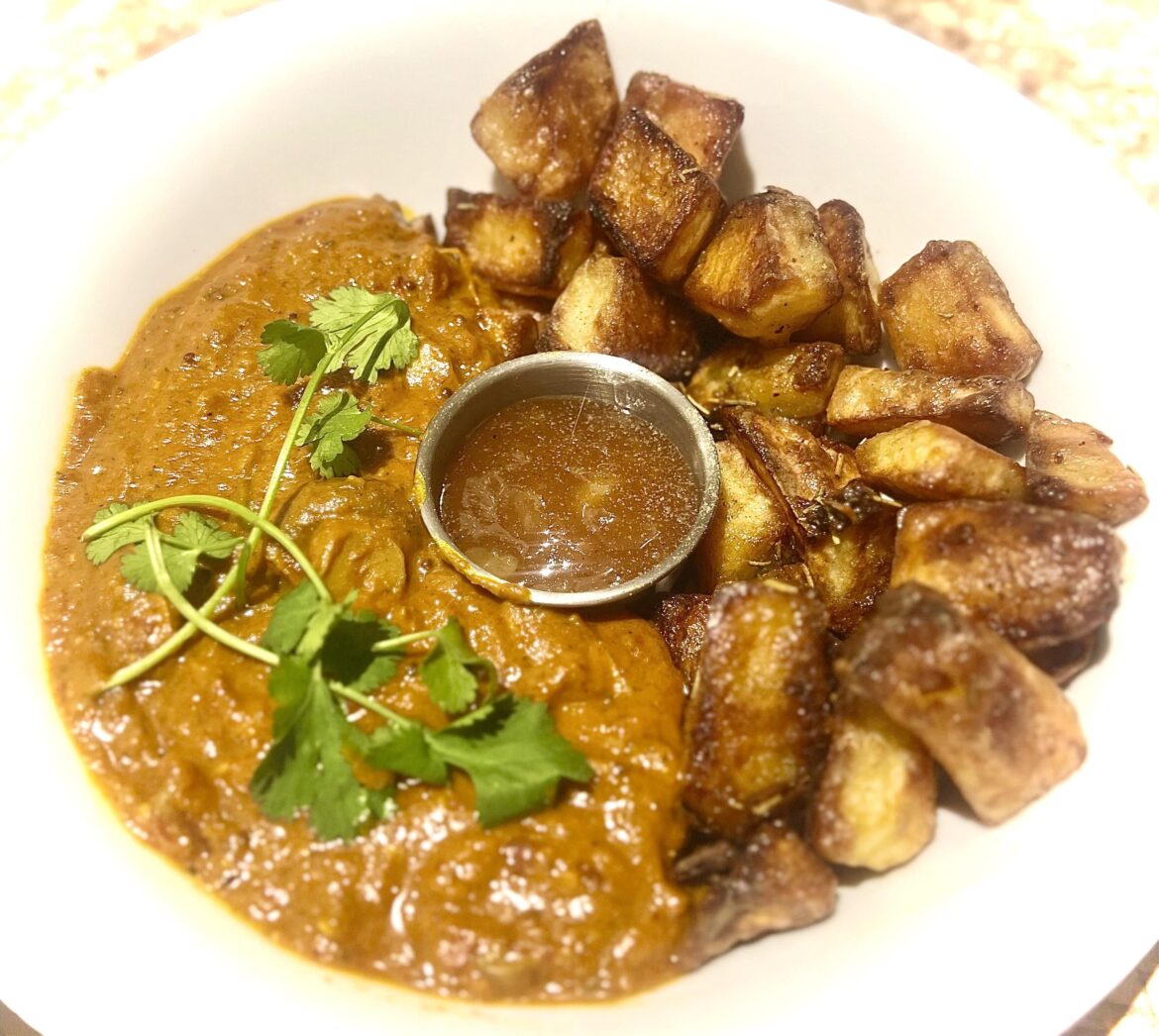 mushroom madras with roast potatoes