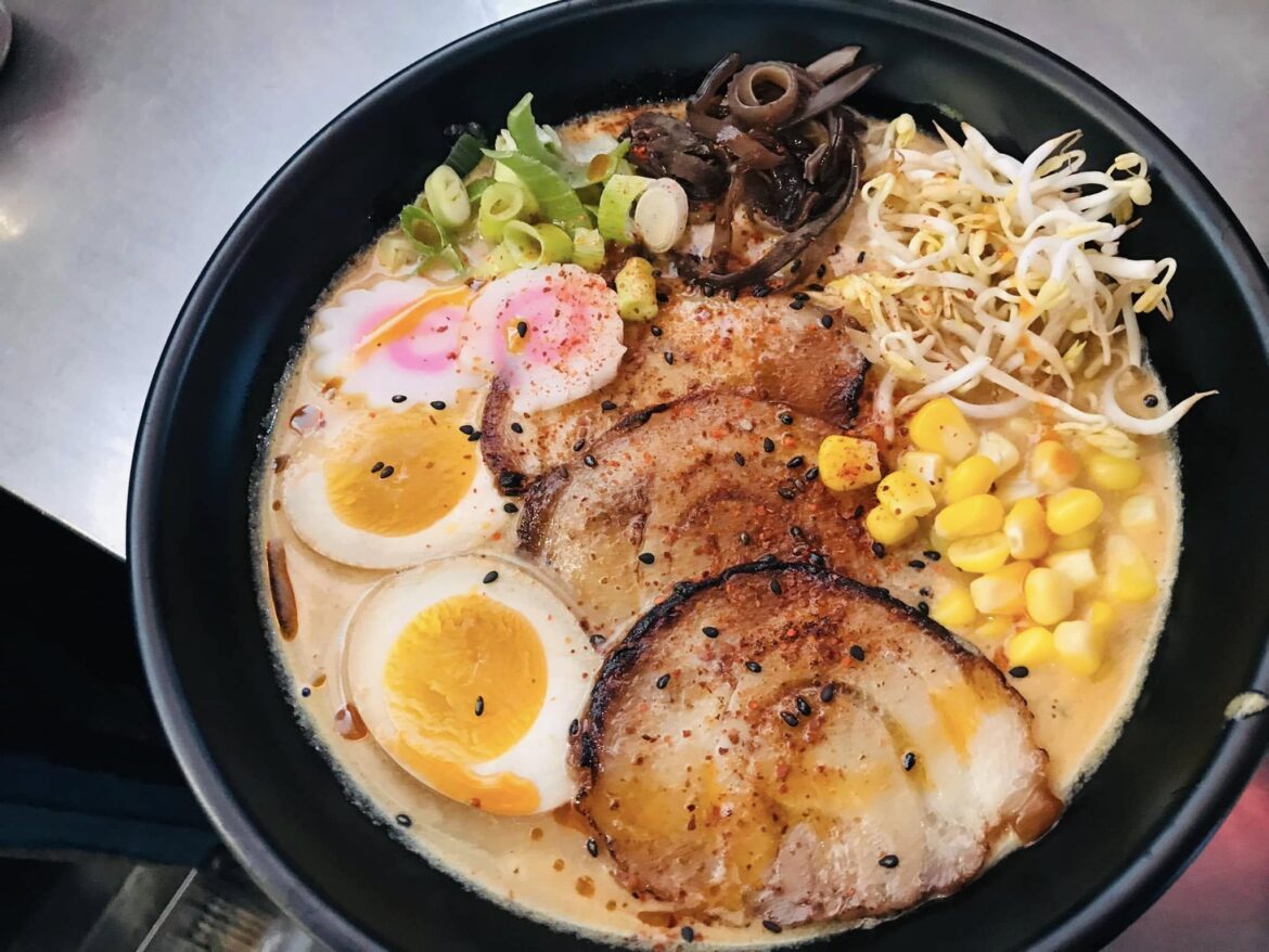 Creamy tonkotsu ramen with seared chashu, ajitama, wood ear mushrooms, scallions, bean sprouts, and a touch of corn. Rich, savory, and deeply comforting.