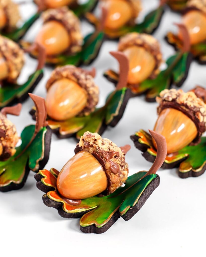 I made acorn bonbons with cookie leaf bases