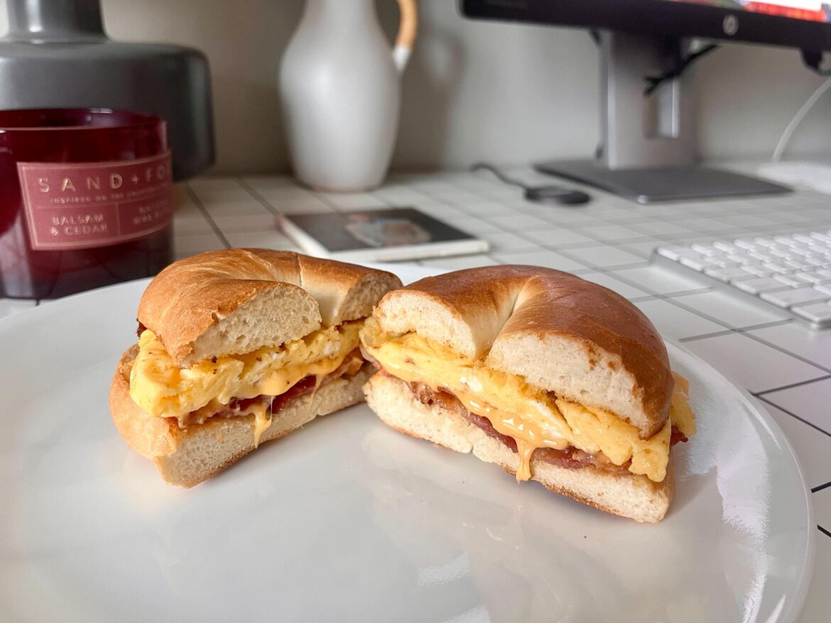 Homemade bagel BEC for WFH breakfast
