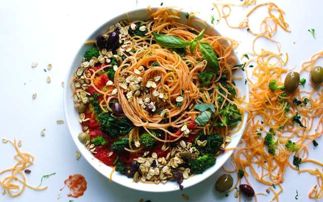 Sweet Potato Spaghetti With Olive Toasted Oats [Vegan, Gluten-Free]