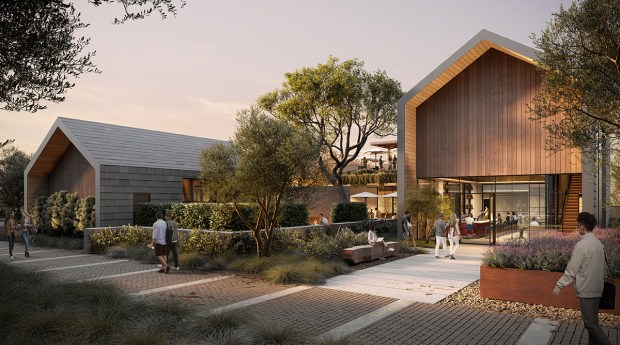 An artist's rendering of the front entrance of Ikaria, a 250-seat Eastern Mediterranean restaurant opening near Torrey Pines Golf Course next summer. (Rockwell Group)