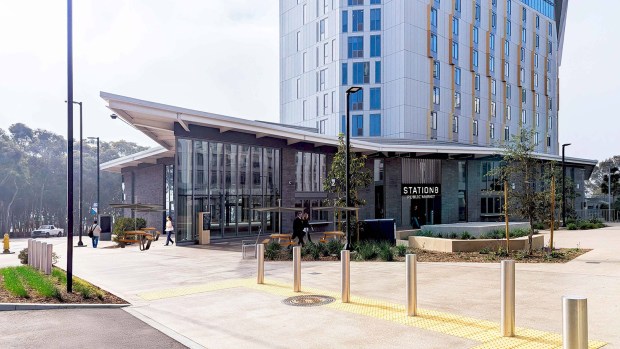 An artist's rendering of the STATION8 Public Market, set to open next August in UC San Diego's Theatre District Living and Learning Neighborhood. (BASILE Studio)