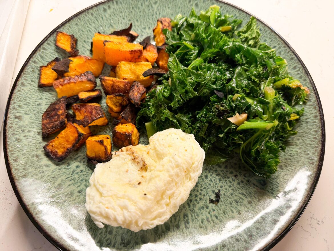 Sautéed kale, roasted butternut squash, and egg whites