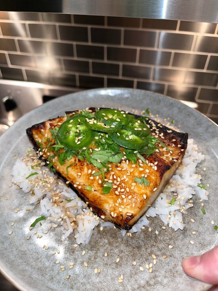 Honey Miso glazed rainbow trout w jasmine rice, cilantro, and jalapeños