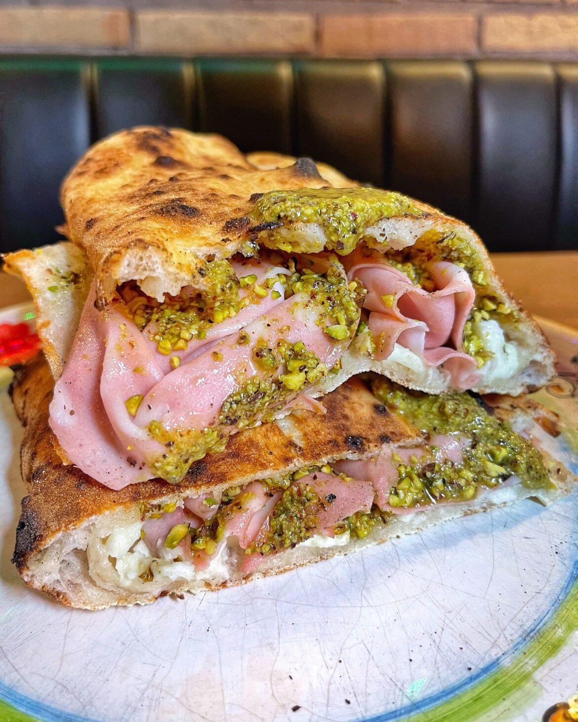 Mortadella, Pistacchio and Mozzarella Calzone.