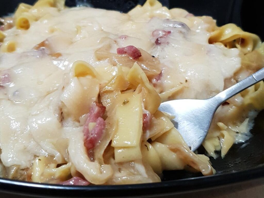 French Onion Tagliatelle with bacon and Grana Padano