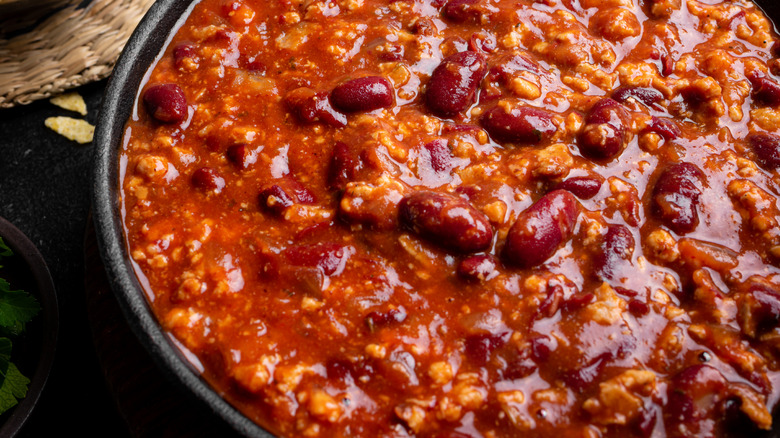 A close up of a bowl of chili