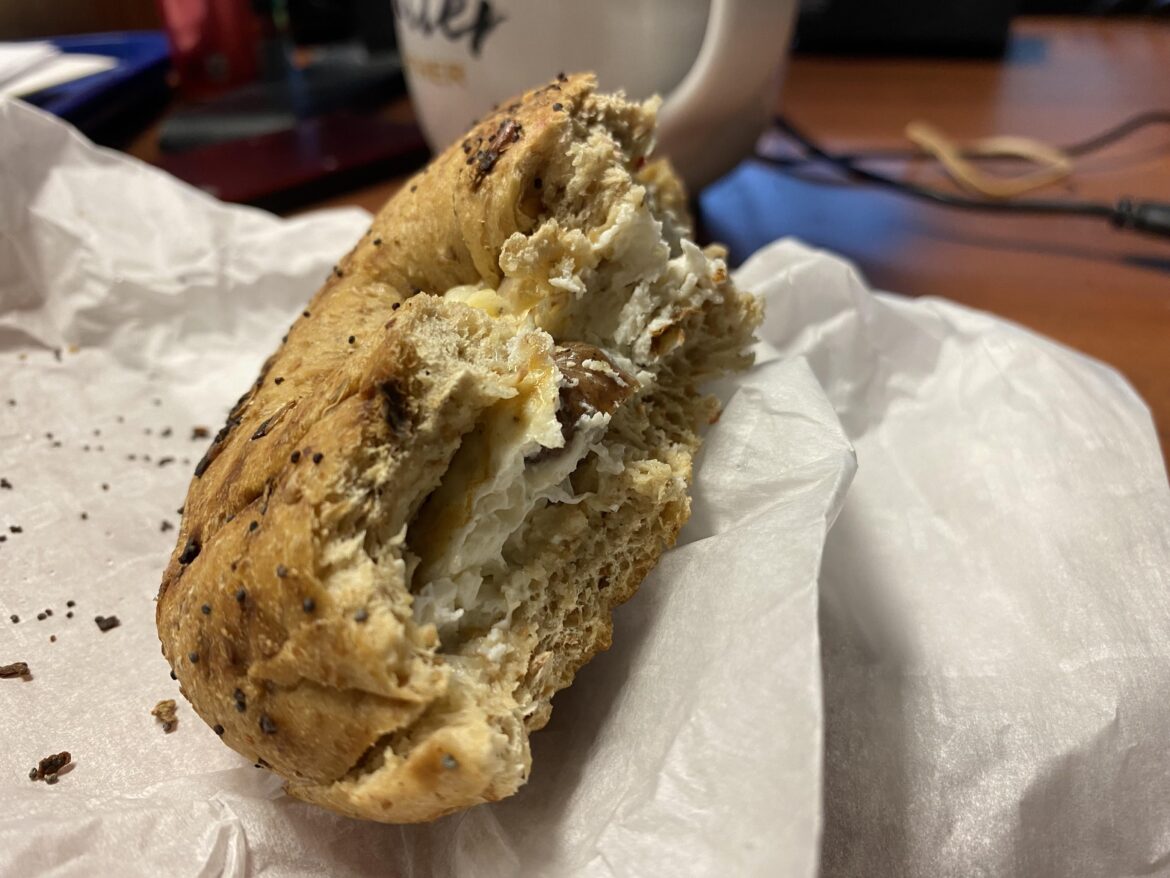 Sausage Egg and Cheese Bagel Sandwich (285 cals/36 grams protein/32 grams fiber)