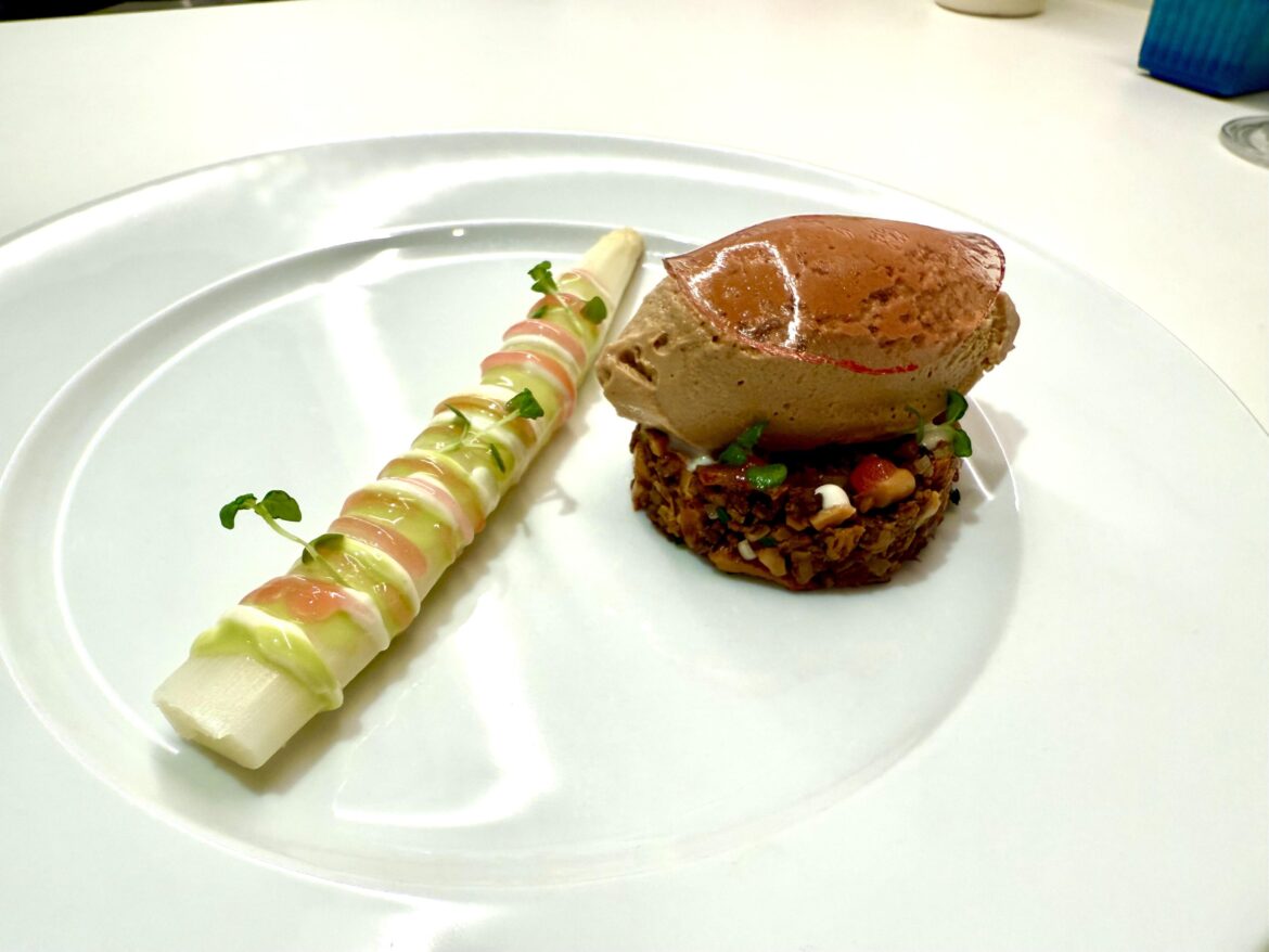 Asparagus with red currant gel, yoghurt, bay leaf emulsion. Chanterelle tartar with almond cream, rum pot jelly glace and pomegranate gel