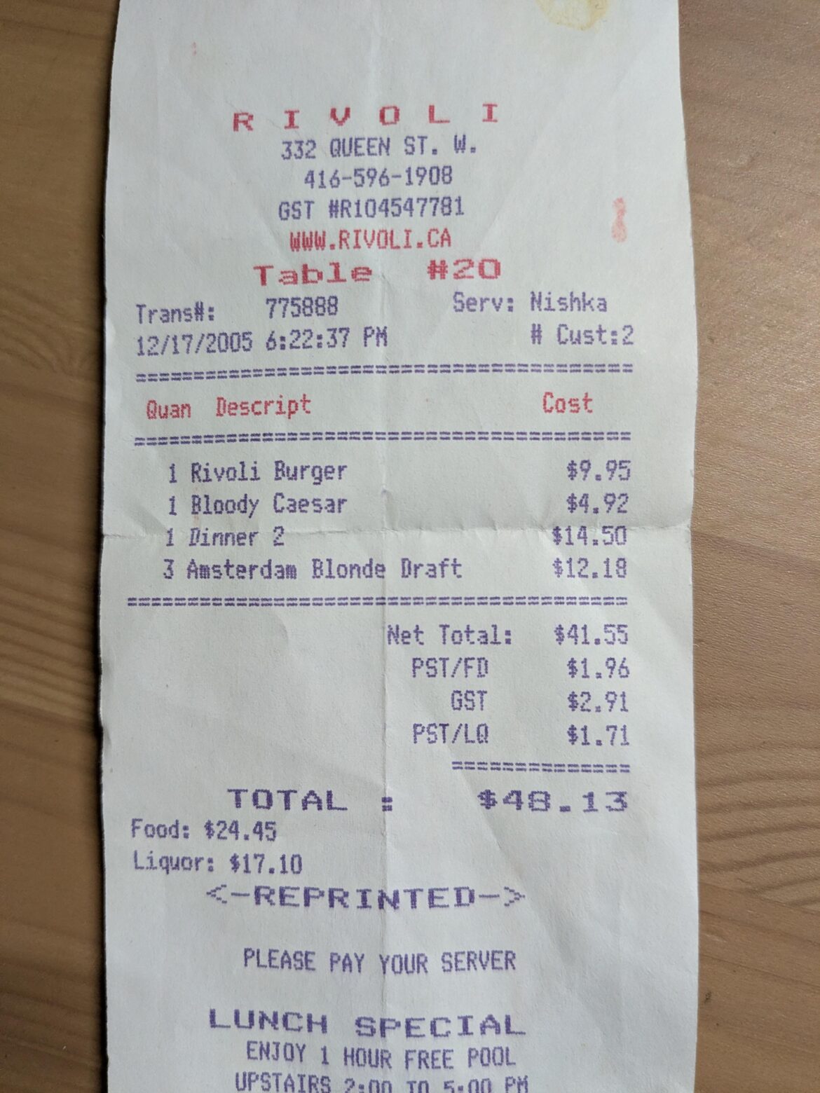 Prices from 2005 - two dinners, four drinks under 50$!