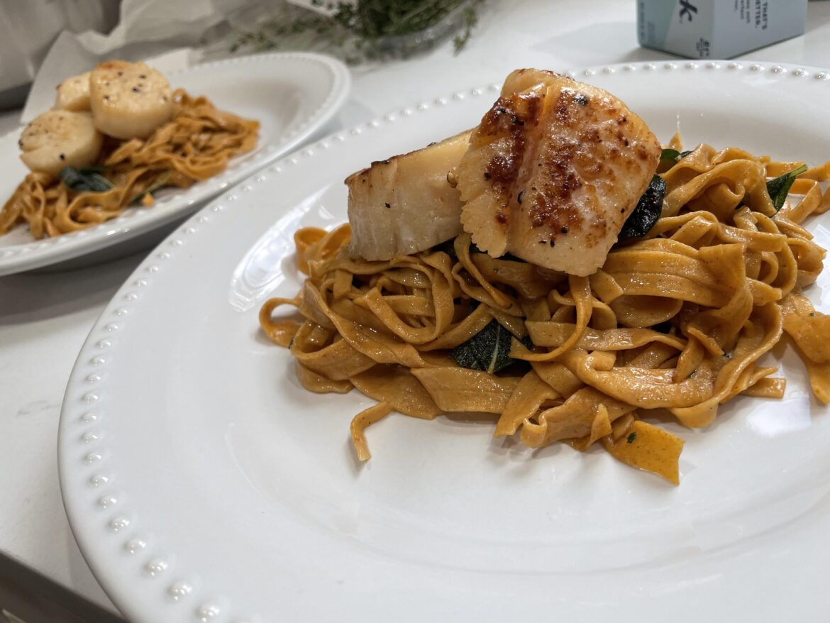 Homemade noodles and seared scallops