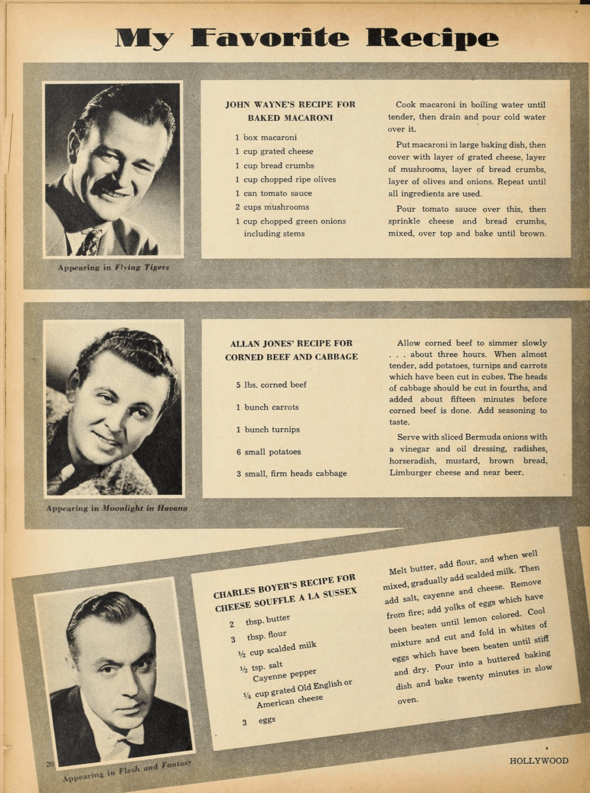 Their Favorite Recipes from John Wayne, Alan Jones and Charles Boyer.