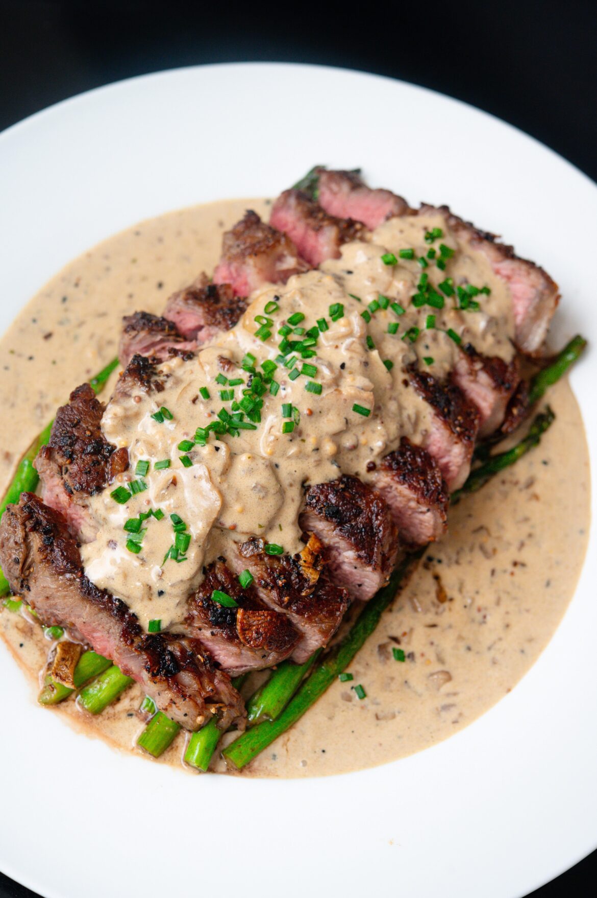 [homemade] steak and asparagus with a mushroom cream sauce.