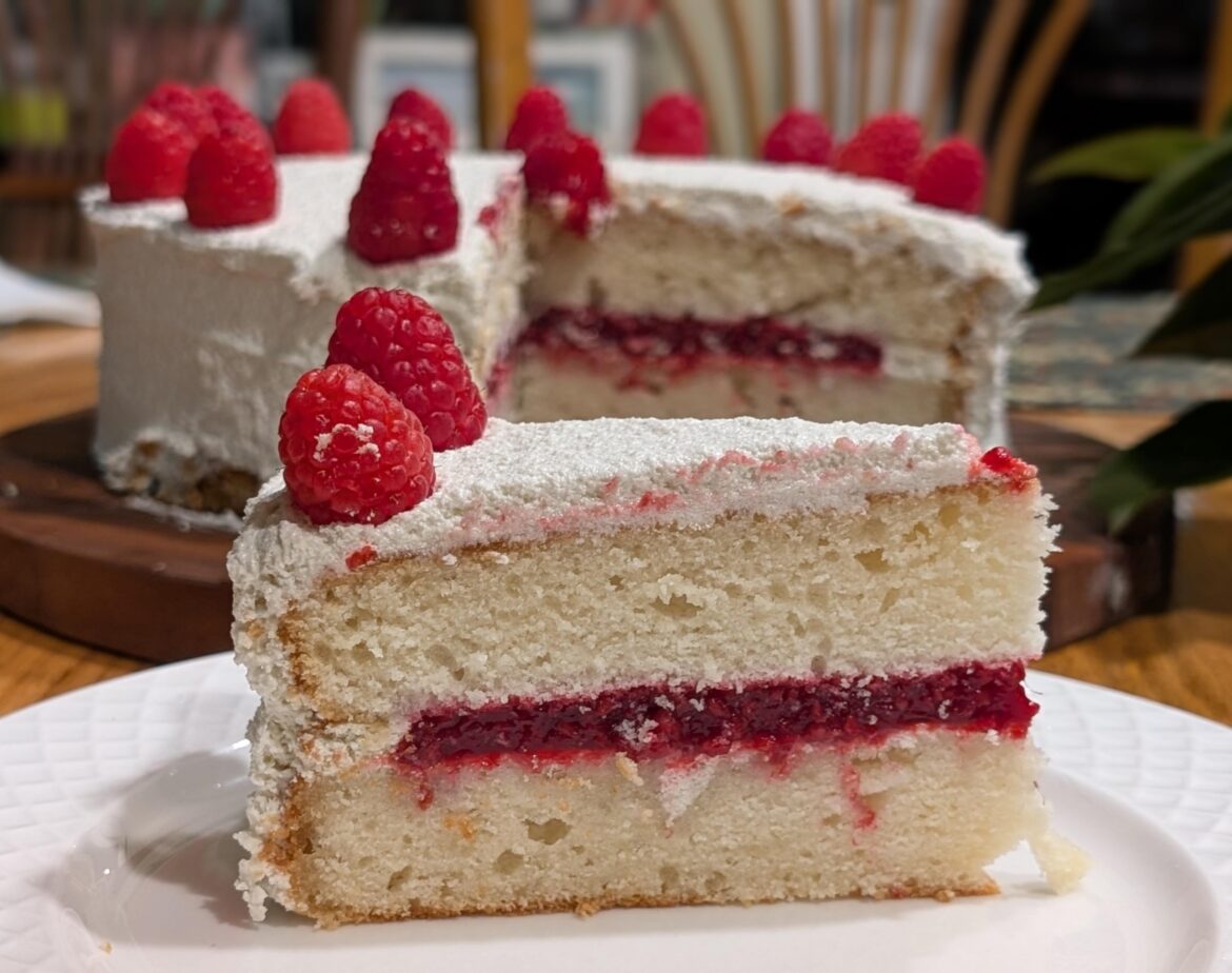 White Velvet Cake with Raspberry