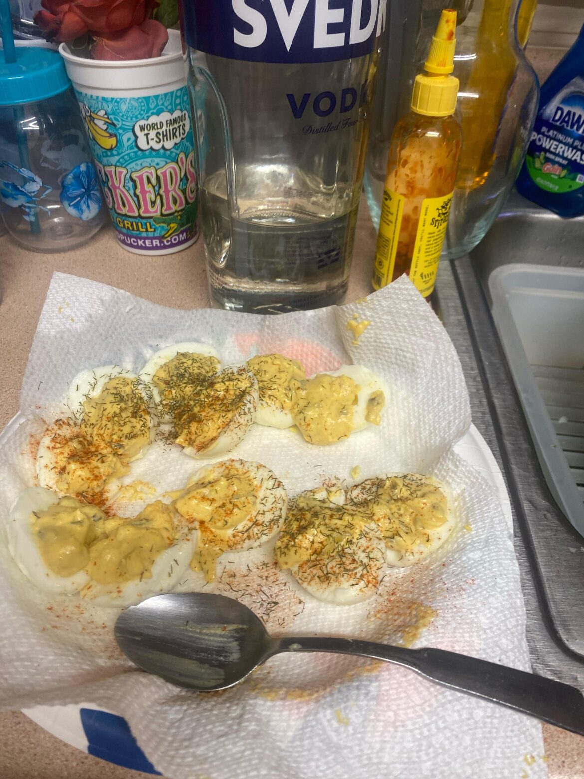 Very ugly satan eggs and vodka