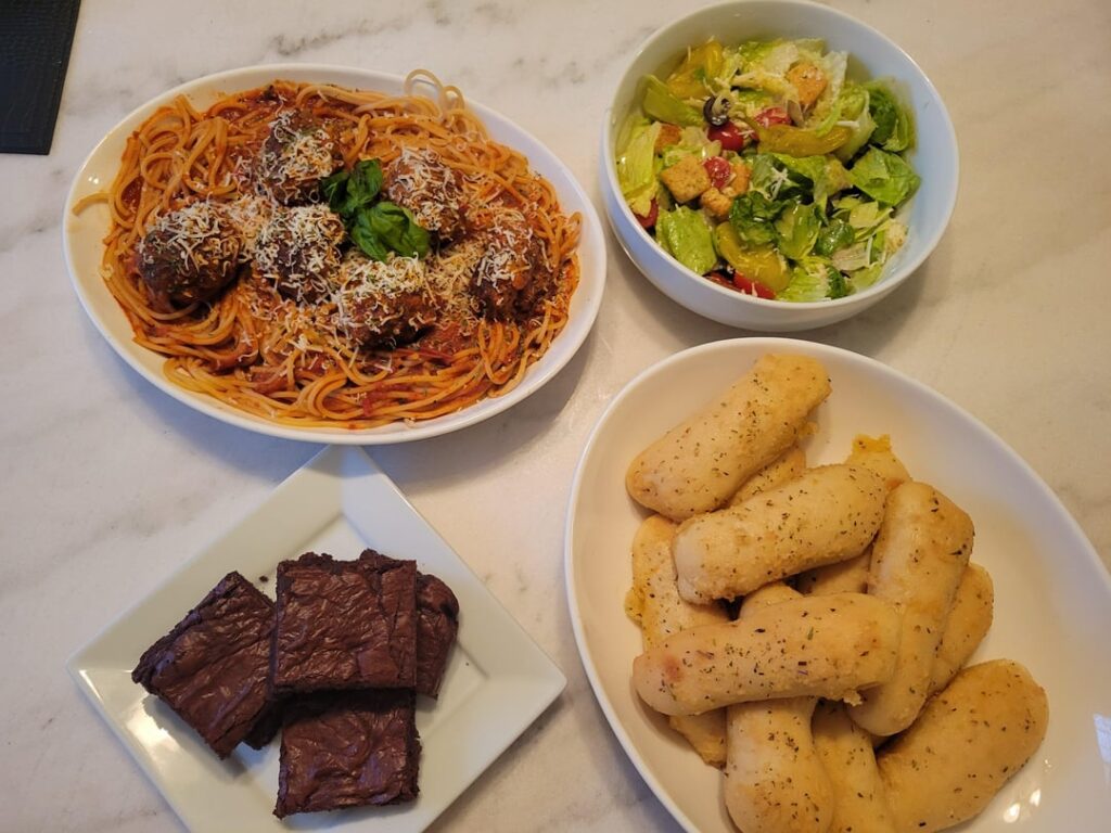 Meatballs & Spaghetti Dinner featuring Garlic Breadsticks Made From Scratch!