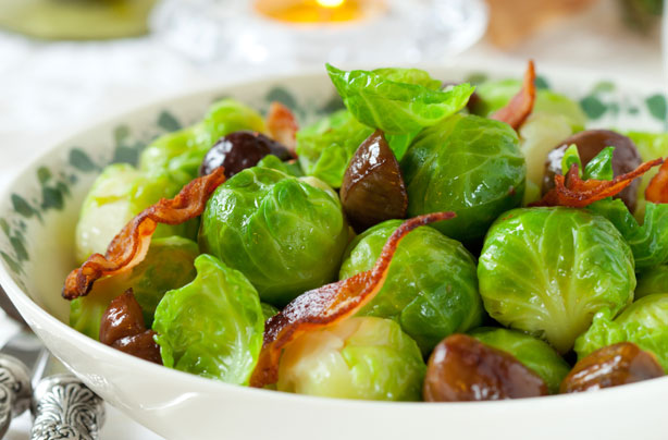 Stir-fried sprouts with chestnuts and bacon