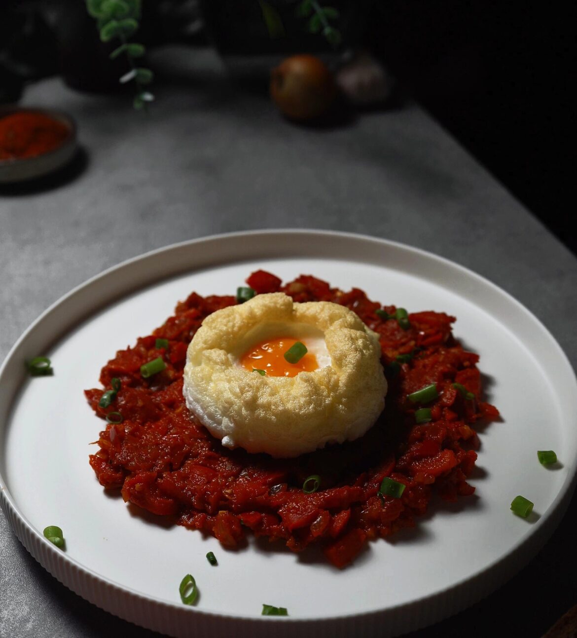 [OC] Cloud Egg Shakshuka. A fluffy egg cloud over rich tomato sauce