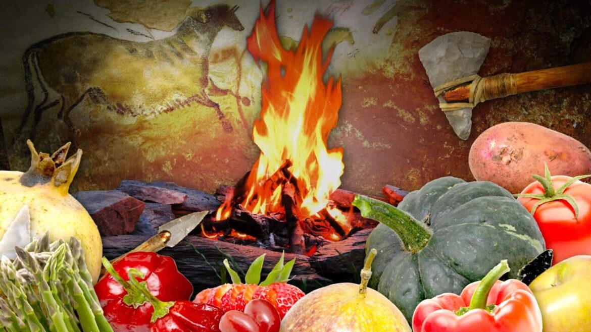A cave painting with a fire and fruit and vegetables.