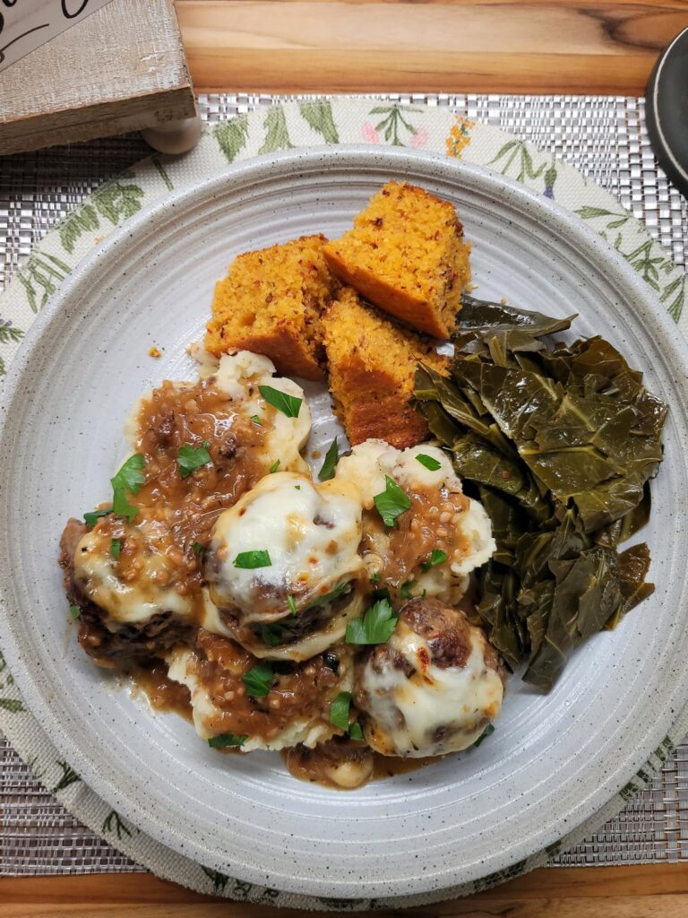 [Homemade]French Onion Meatballs w/ Rustic Garlic Mashed Potatoes, Collard Greens, & Chipotle Cornbread!!!