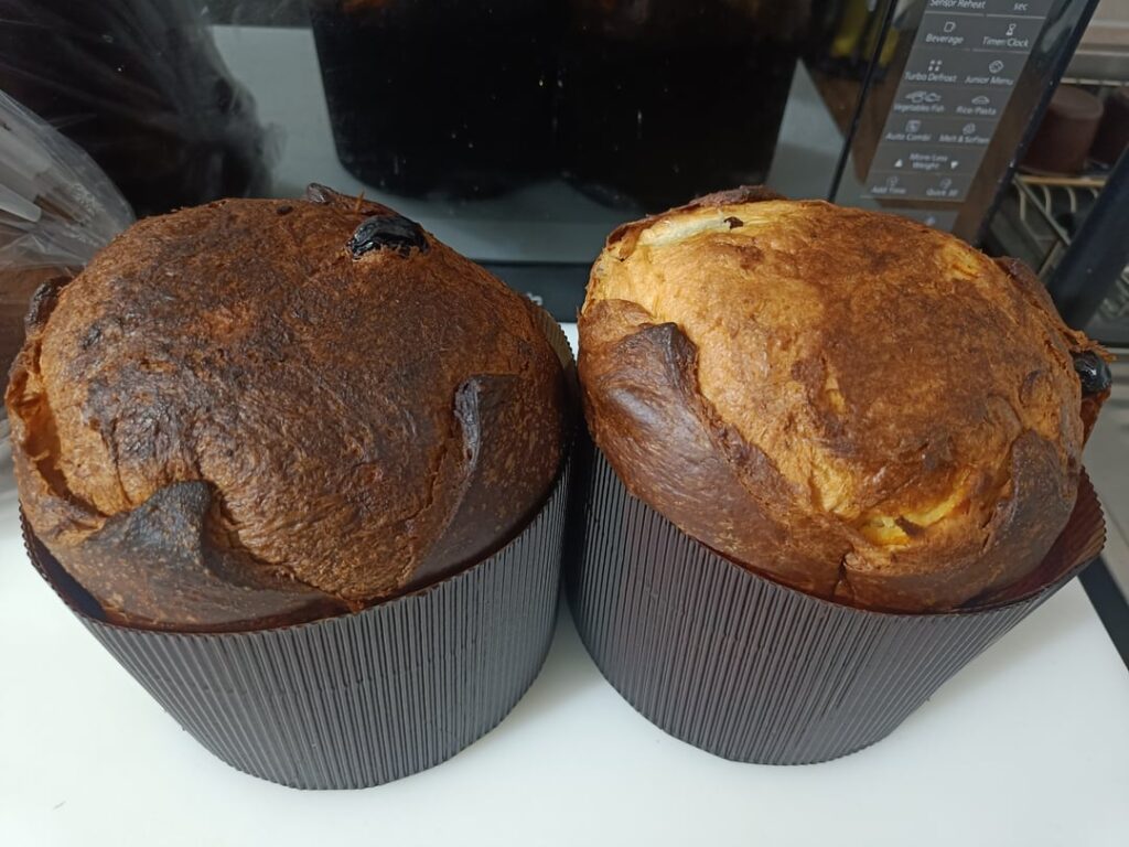 Homemade Panettone with homemade raisins and homemade canditi and Pandoro with dark chocolate butter
