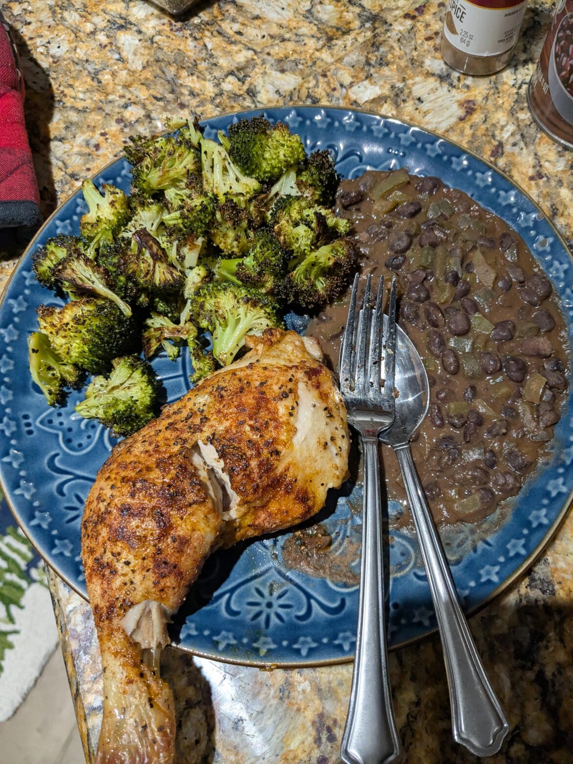 Chicken leg+thigh, roasted broccoli, black beans