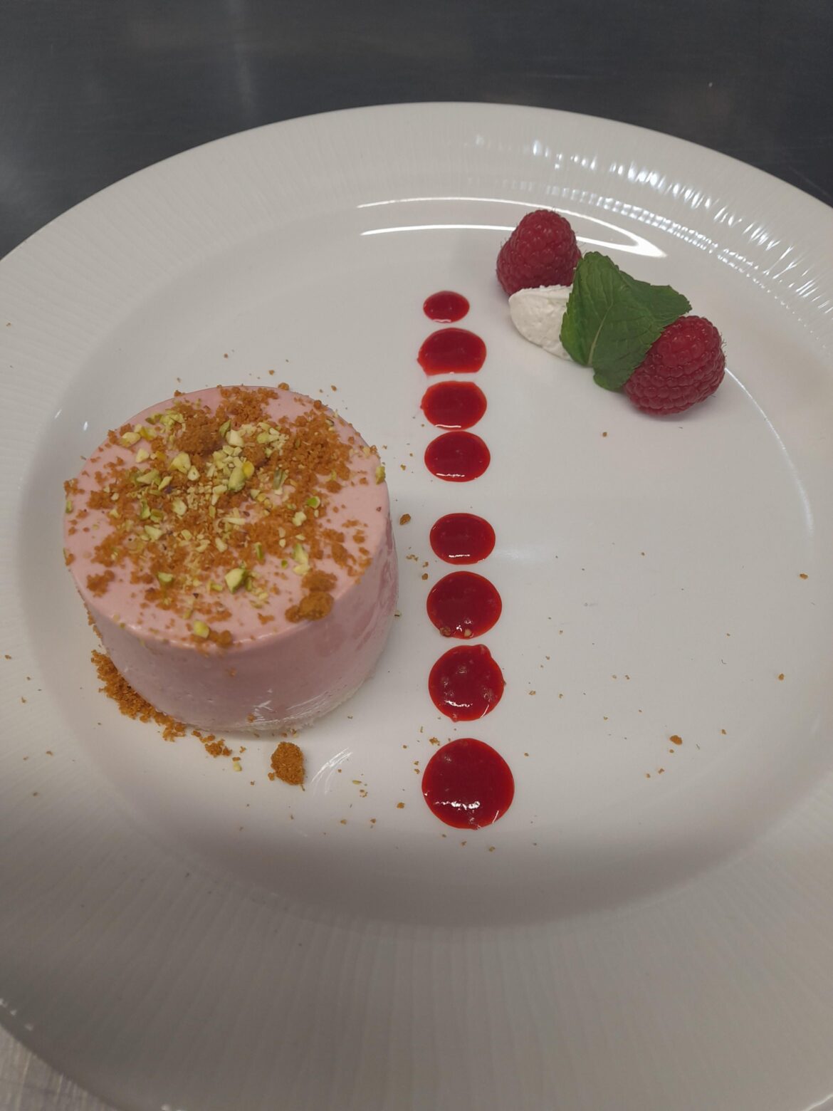 Raspberry bavarois with crème chanttilly and raspberry puree