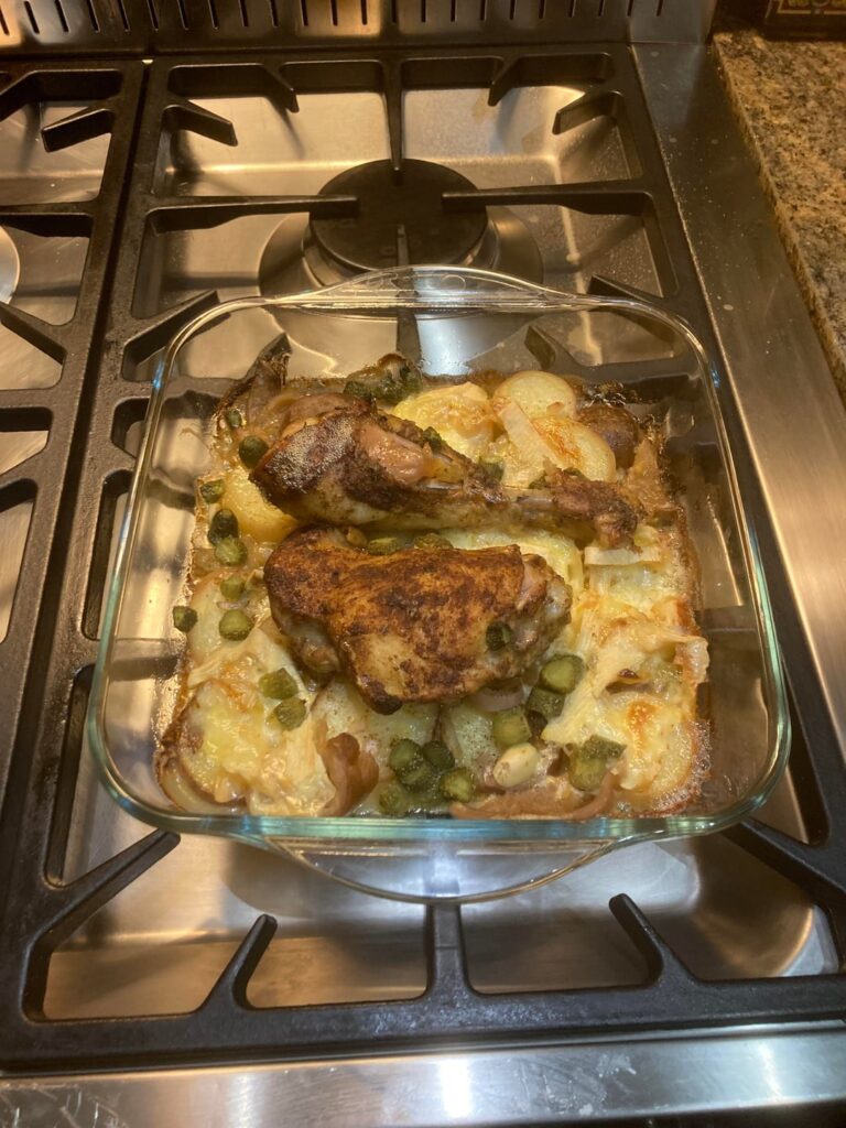 Marinated chicken with Tartiflette style potatoes