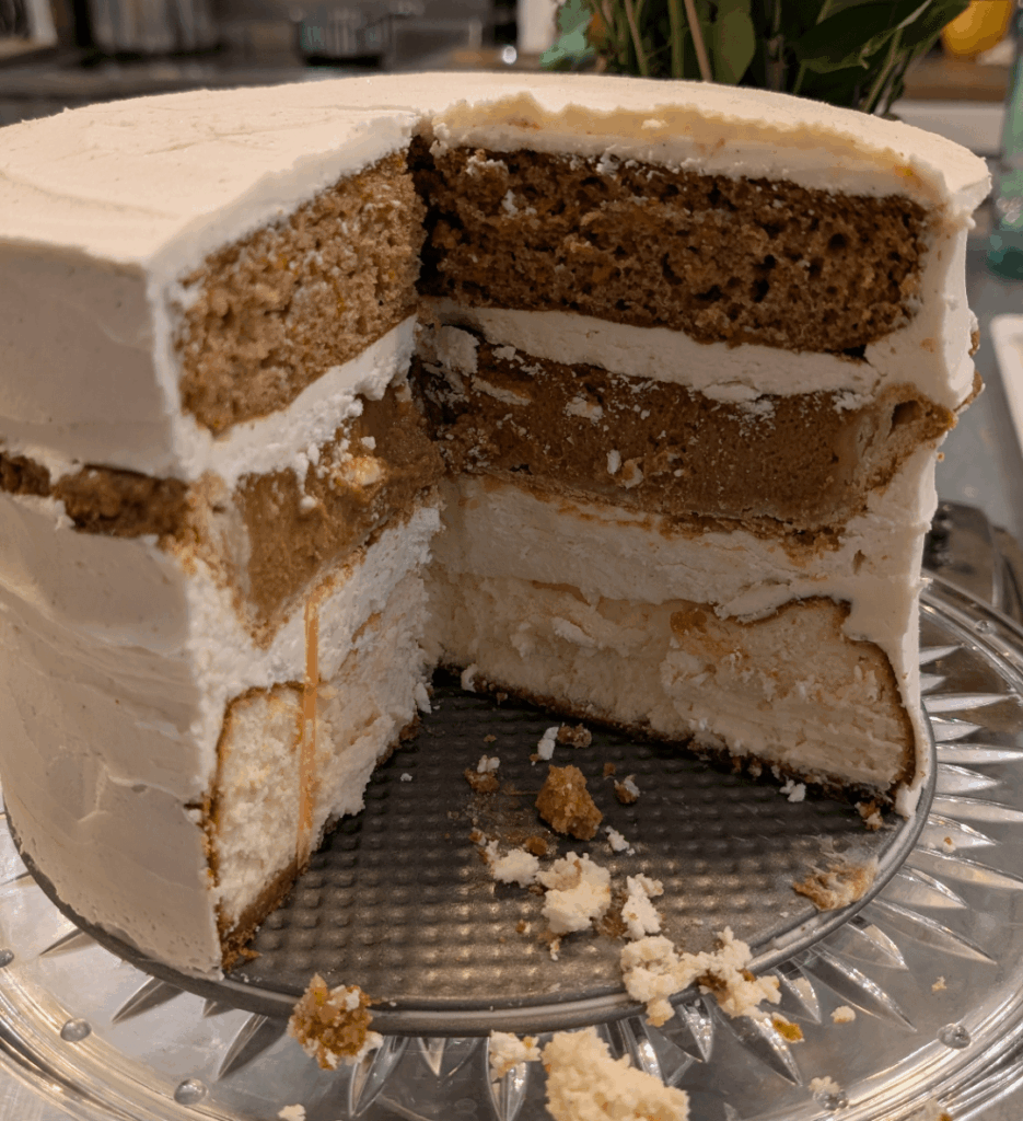 Thanksgiving Piecaken - cheesecake bottom, pumpkin pie middle, carrot spice cake top.