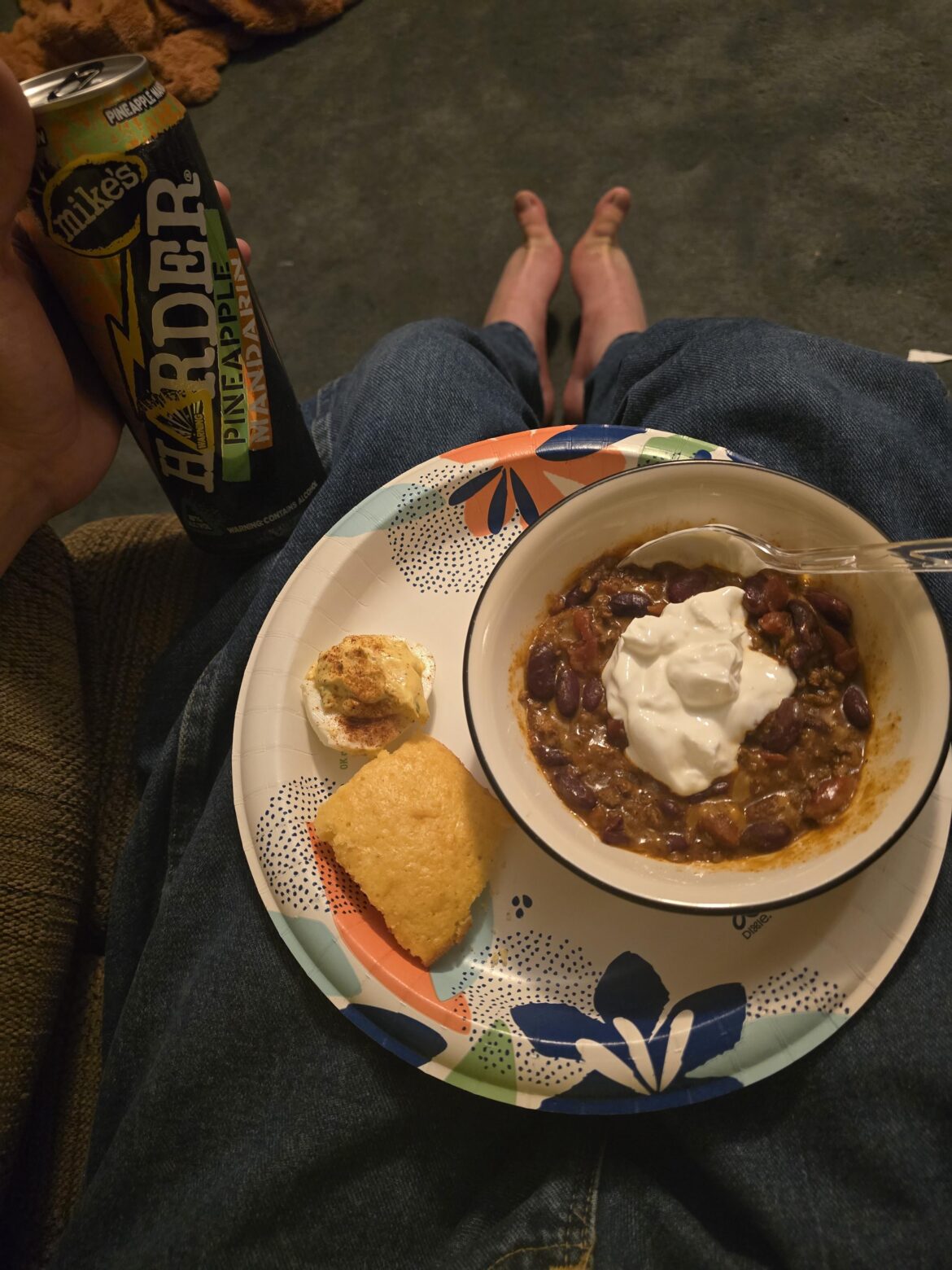 Chilli, deviled egg, corn bread, and Mike's (I didn't have my Yuengling)