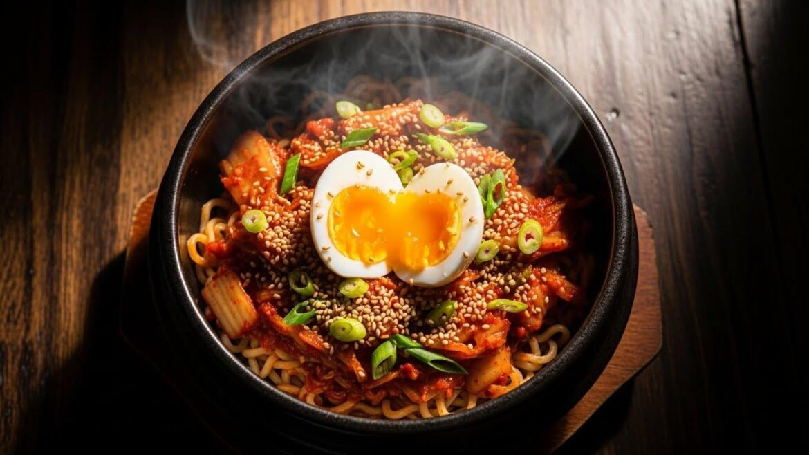 Put two eggs on a Spicy Kimchi Noodle Bowl