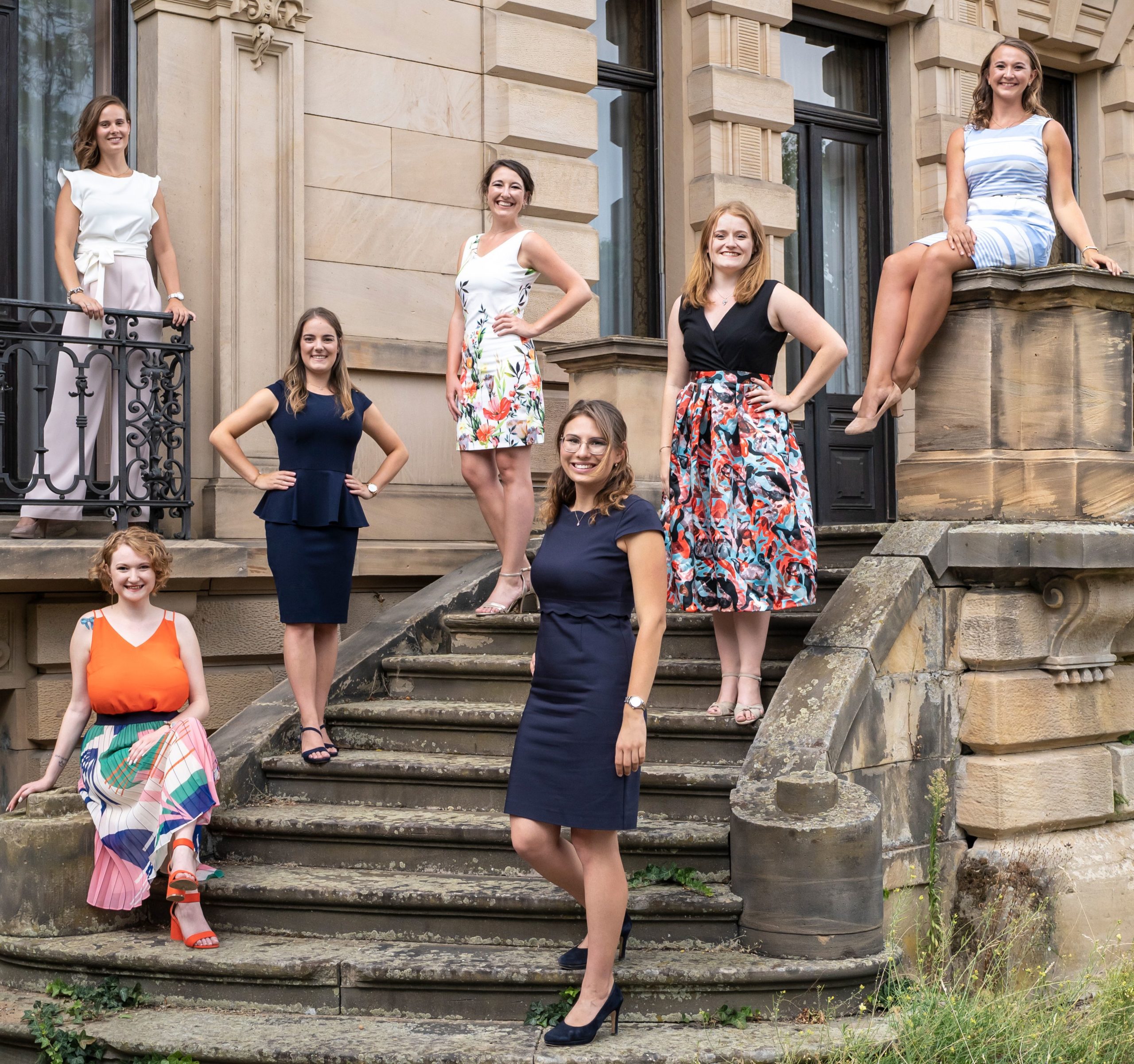 The candidates for the office of German Wine Queen (from left to right): Eva Müller (Rheinhessen), Jana Petermann (Hessische Bergstraße), Eva Lanzerath (Ahr), Anna-Maria Löffler (Palatinate), Tamara Luisa Elbl (Württemberg), Alexandra Unger (Rheingau) and Bärbel Ellwanger (Mosel).