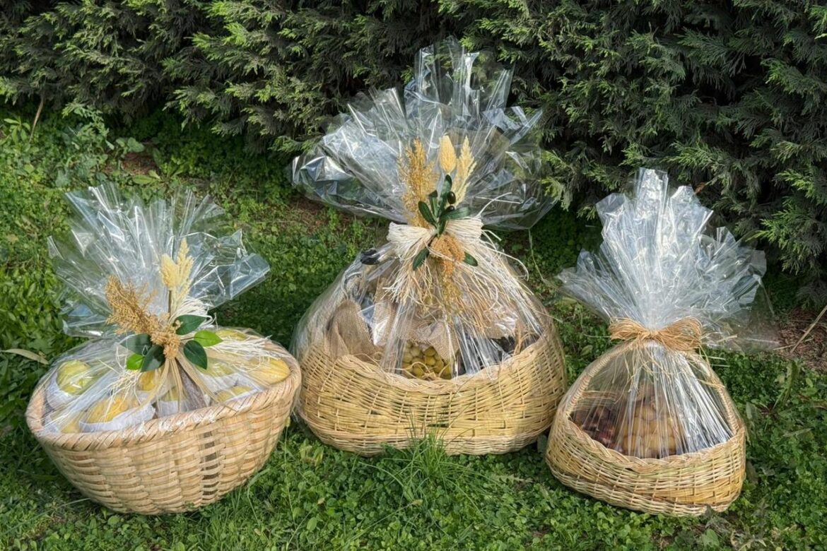 3 gift baskets filled with Bursa’s geographically indicated olives and olive oil, wrapped with decorative natural elements before being presented to Pope Leo XIV during his visit to Iznik, Bursa, Türkiye, Nov. 28, 2025.(AA Photo)
