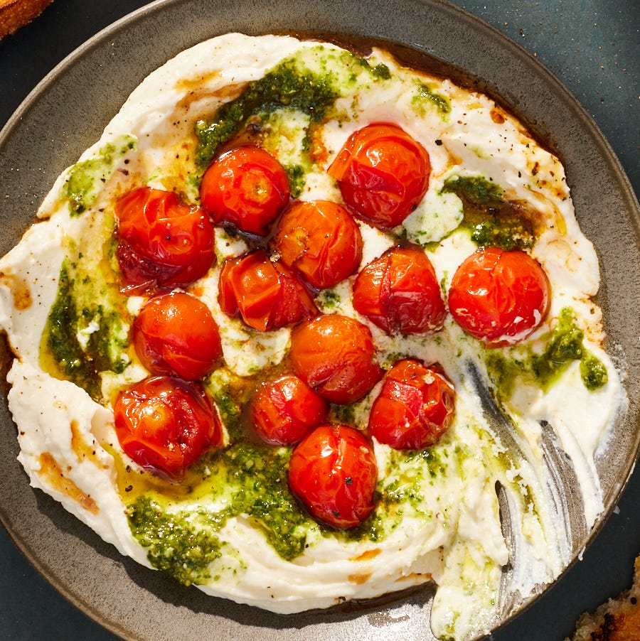 whipped mozzarella with burst cherry tomatoes