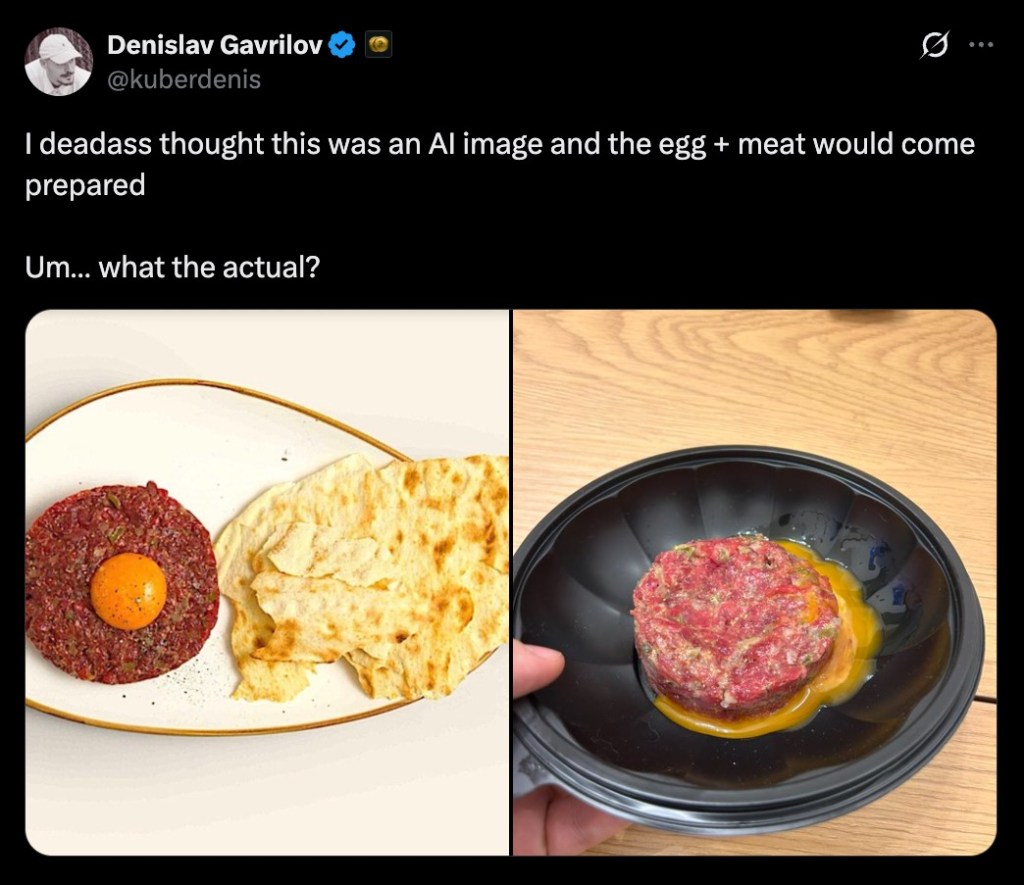Collage of a tweet about steak tartare; the left image shows prepared steak tartare on a plate, the right image shows unprepared steak tartare with a raw egg yolk.
