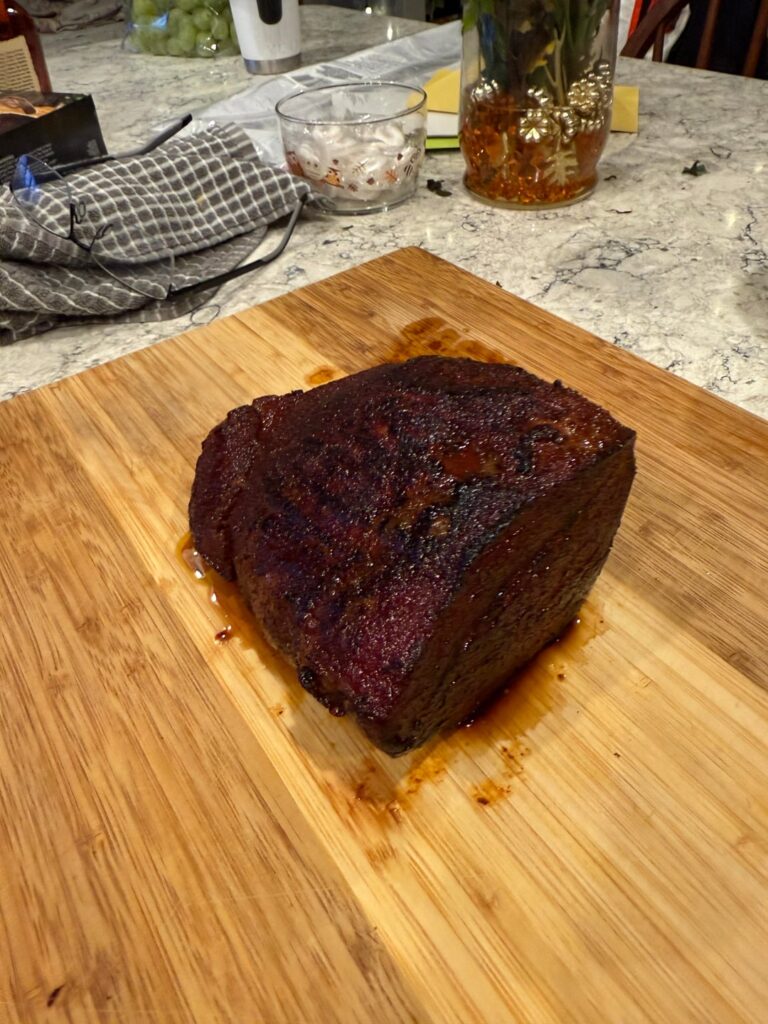 First time, eye of round, whiskey sauce and garlic potatoes. Turned out great!