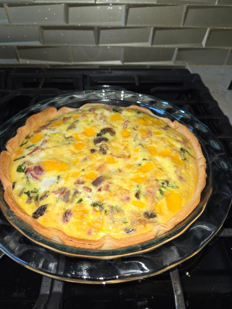 Spinach Mushroom Onion Bacon and Cheddar Quiche