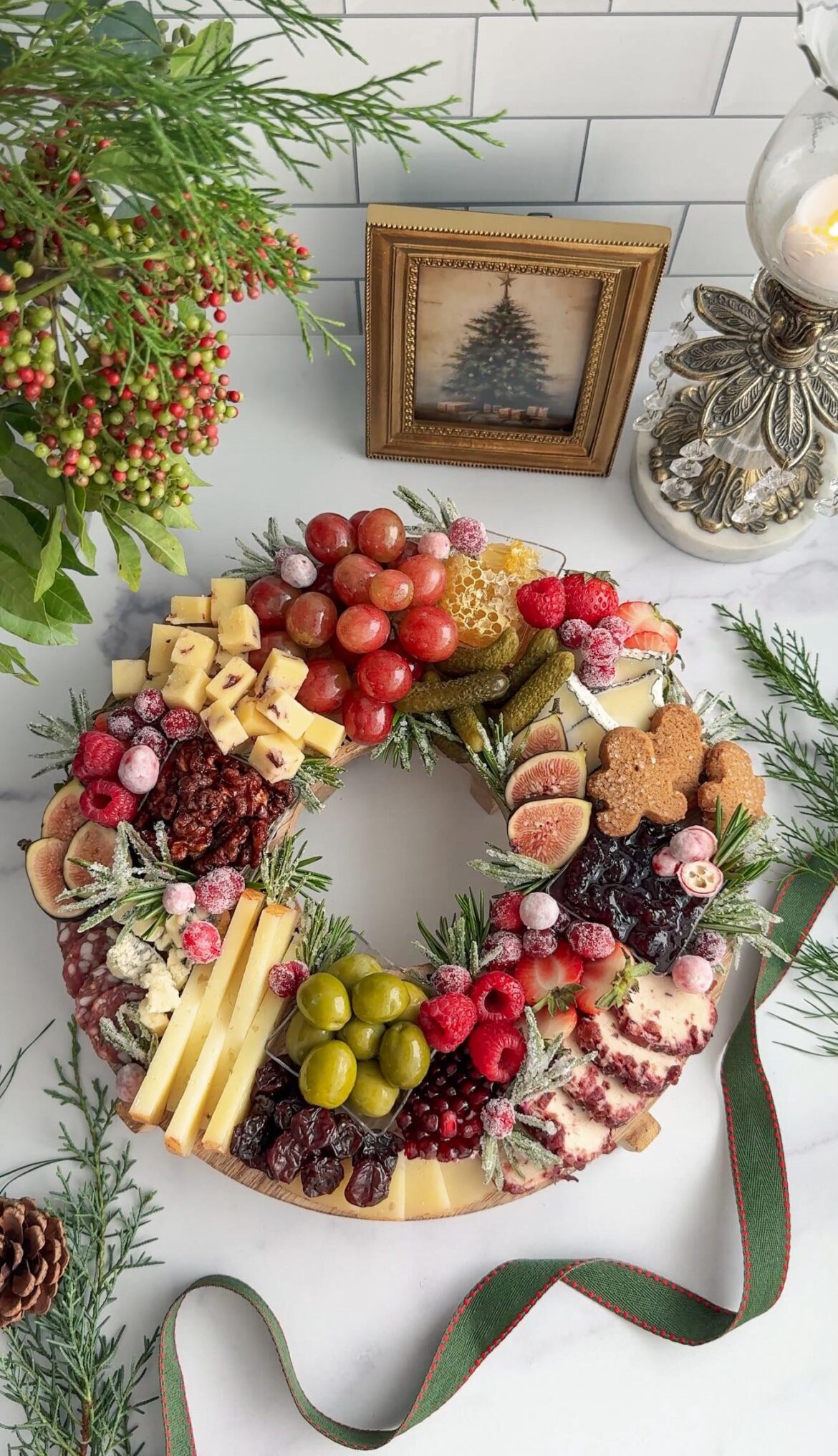 Frosted Rosemary is the perfect touch for this charcuterie wreath! 💚