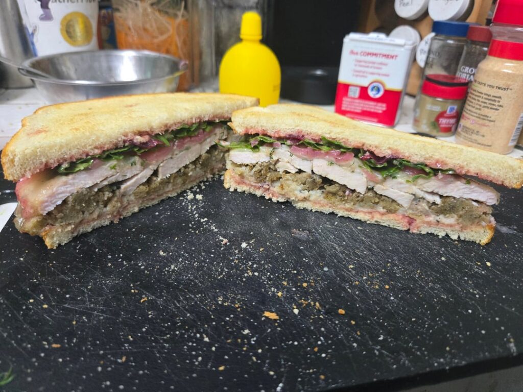 "Thanksgiving" leftovers sandwich