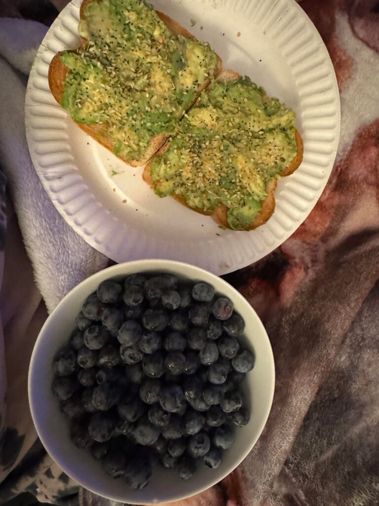 What I ate today for leg day. 1545kcal. Avocado toast and blueberries, 2 sausage, egg and cheeses, and a spicy chicken and ranch wrap. Featuring a pup