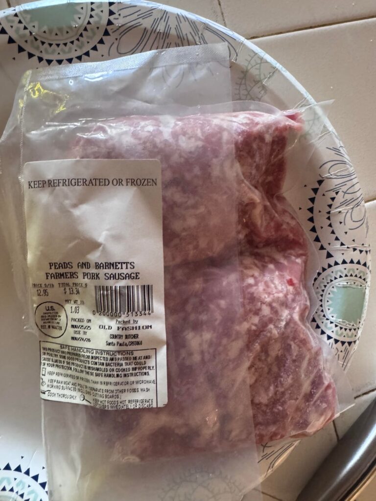 Breakfast sausage and eggs .