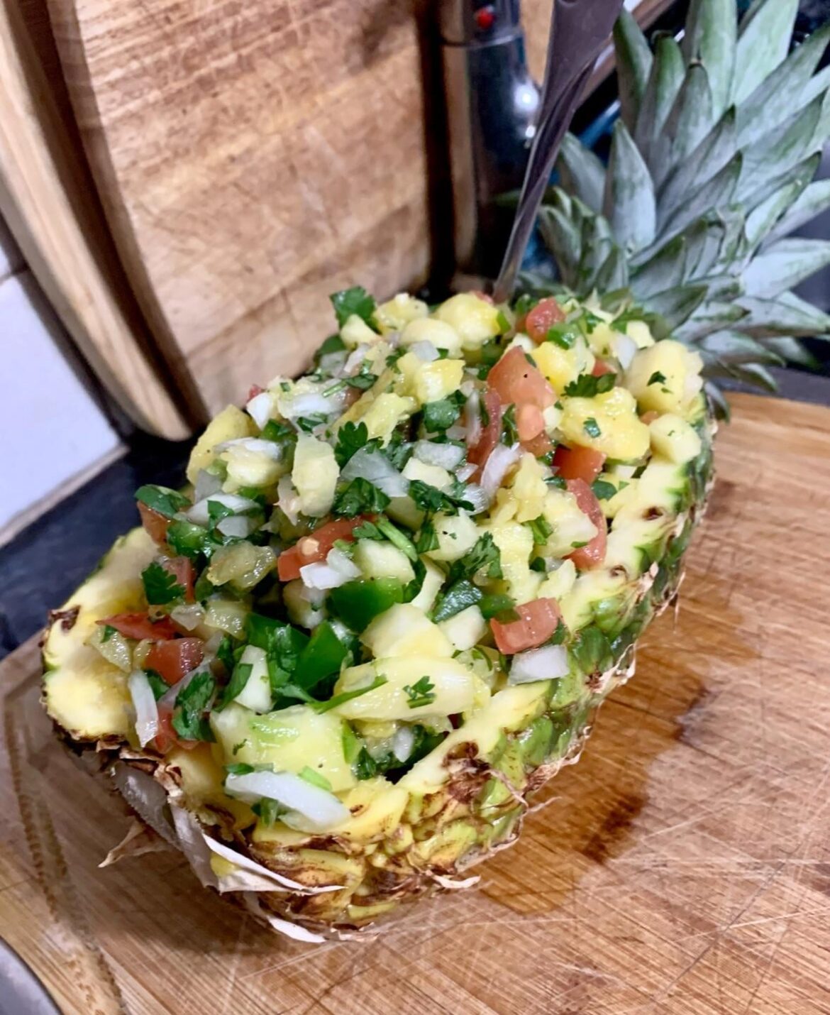 Pineapple salsa in the pineapple bowl