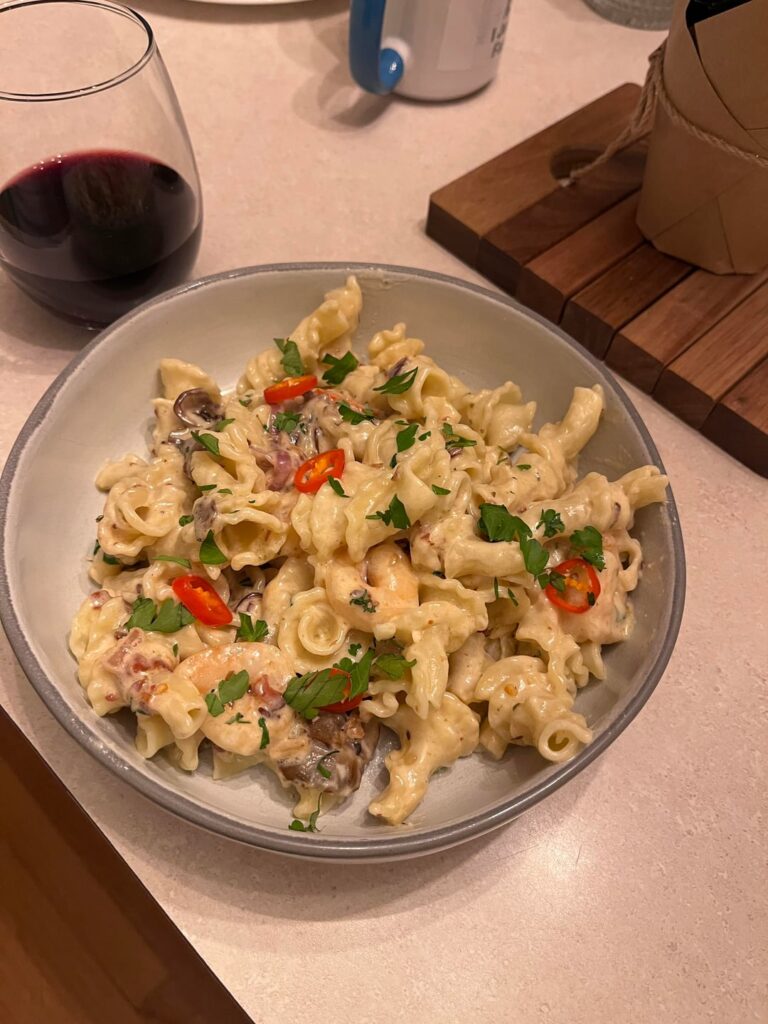 Creamy spiral pasta with shrimp