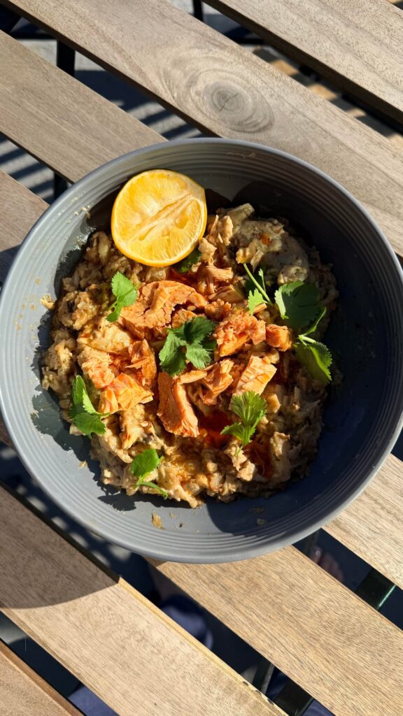 Baba ganoush topped with fish wife albacore tuna in spicy olive oil