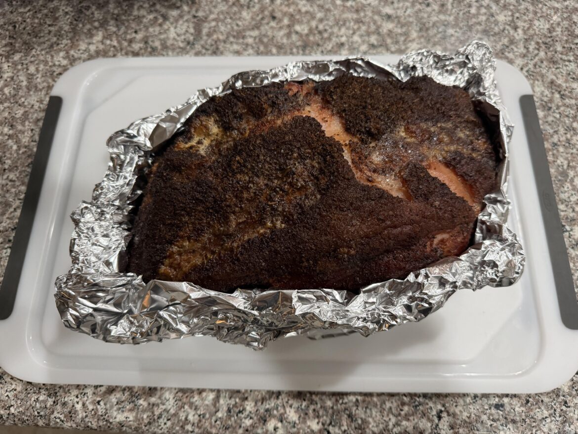 Decided to go with a bit of a foil boat for this pork shoulder. Smoked quite nicely on my Rectec Bullseye Deluxe, using Smokin’ Pecan pellets.