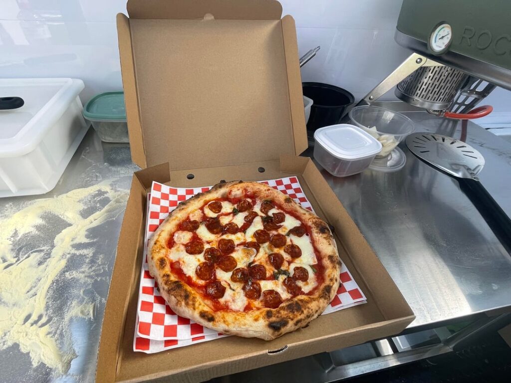 Gozney Roccbox, san marzano tomatoes, basil, Properonni pepperoni and fior di latte mozzarella