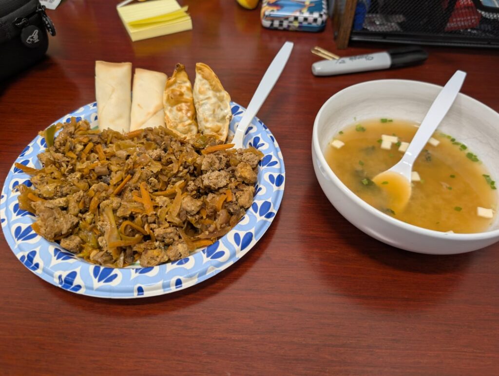 280g of egg roll bowl, 2 spring rolls, 2 gyoza and a bowl of miso = 450 cals