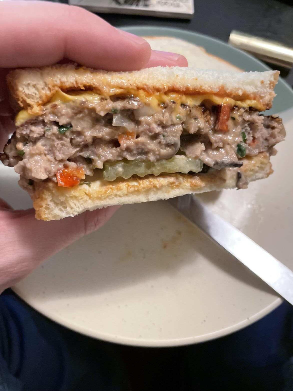 Thawed some frozen meatloaf mix I had in the freezer, used some to make a patty and cooked it up like a burger. Great meatloaf-ish sandwich. With pickles, American, mayo, Dijon and ketchup.